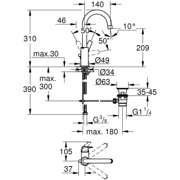 Grohe BauFlow servantbatteri, krom