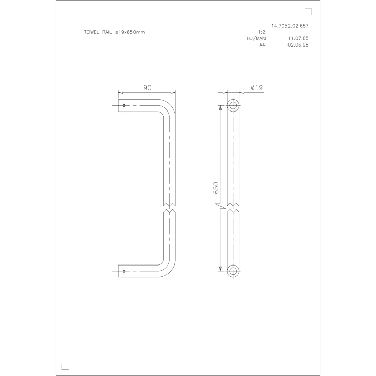 D line håndklædestang, 65 cm, børstet rustfrit stål