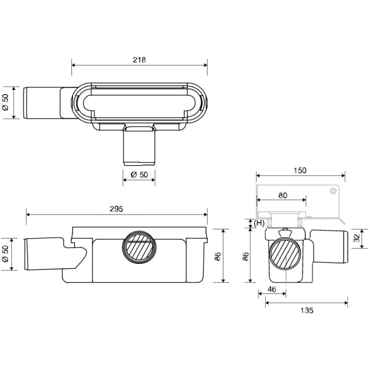 Unidrain 1416 udløbshus, lav byggehøjde, Ø50 mm