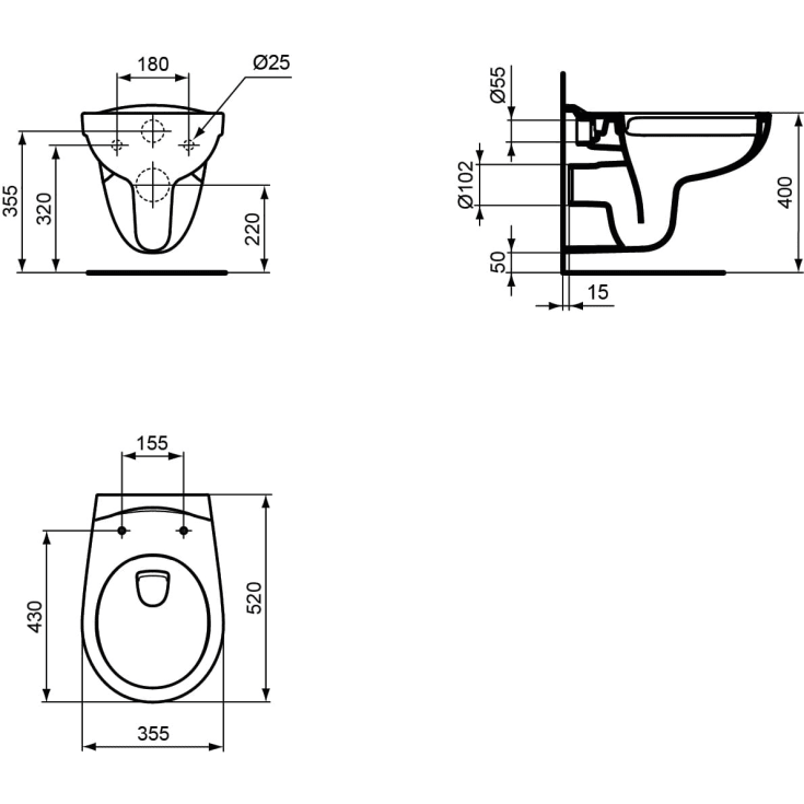 Ideal Standard Eurovit væghængt toilet, uden skyllekant, rengøringsvenlig, hvid