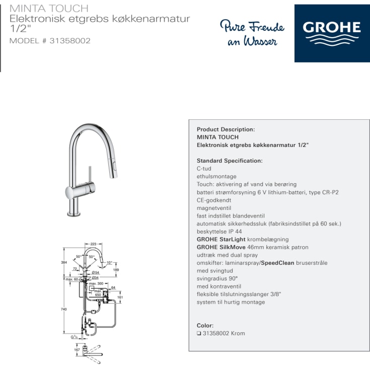 Grohe Minta Touch kjøkkenarmatur, uttrekkbar tut, krom