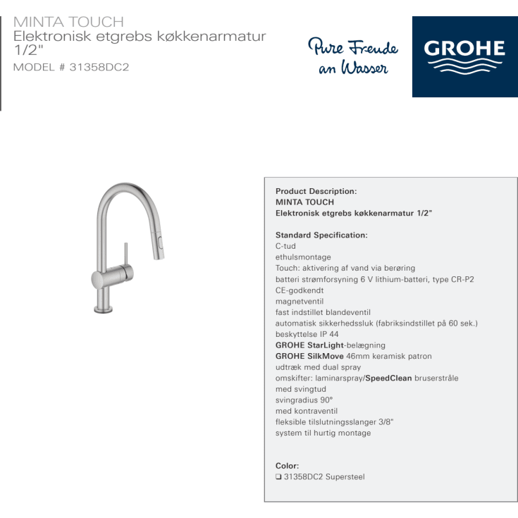 Grohe Minta Touch köksblandare, utdragbar pip, stål