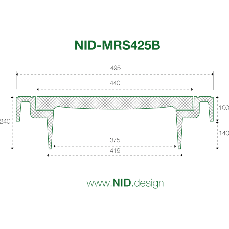 NID 425 mm karm/dæksel m/lås, firkantet, fast, 12,5 t, komposit