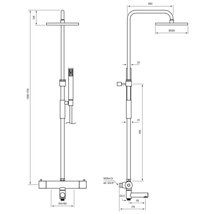 Tapwell Evo TVM2200-160 badkarsblandare med duschset, koppar