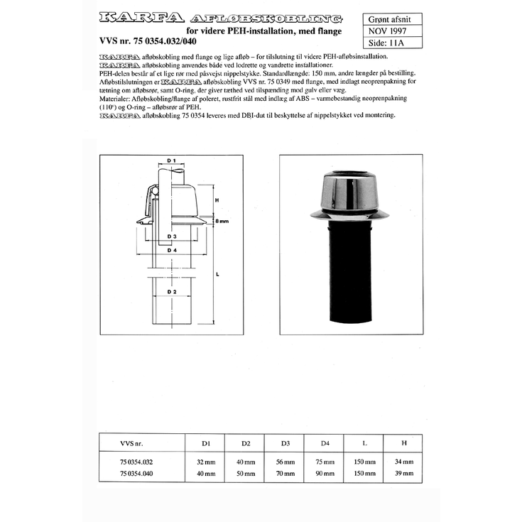 40mm afløbskobling med flange for ø50mm peh-rør