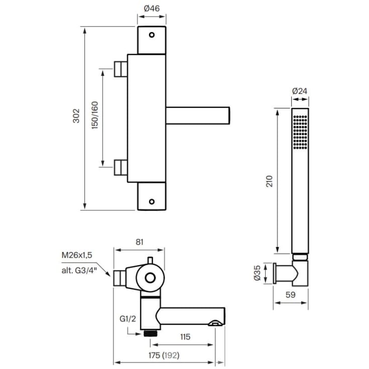 Tapwell Evo EVM026-150 badkarsblandare med duschset, matt svart