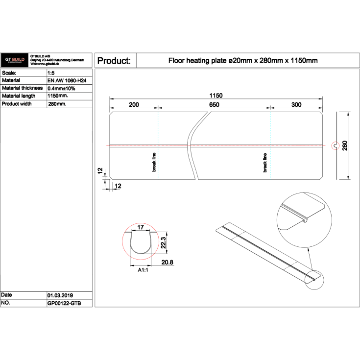 GT Build gulvvarmeplade 1150x280x0,4 mm, 20 mm pex-rør