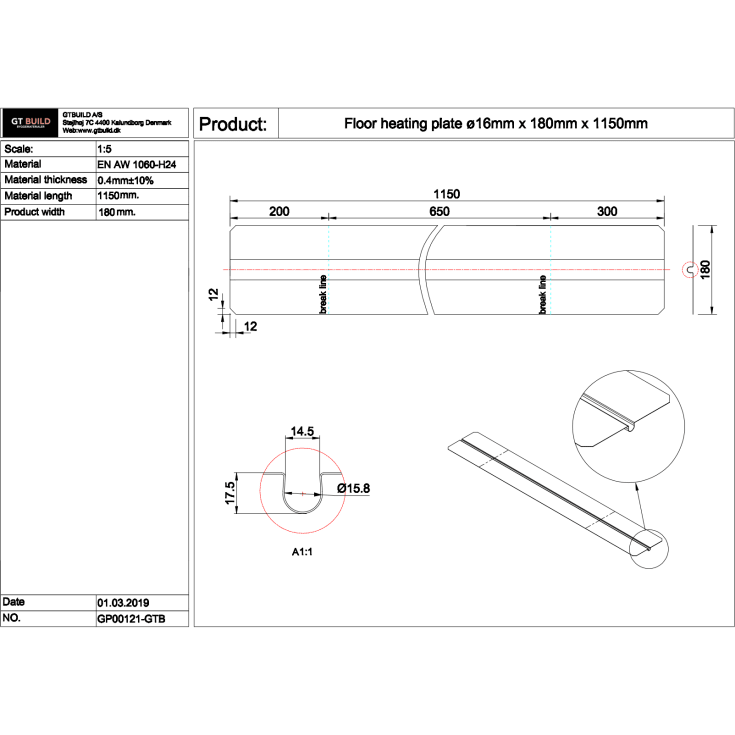 GT Build gulvvarmeplade 1150x180x0,4 mm, 16 mm pex-rør