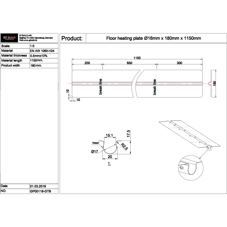 Värmefördelningsplatta för Ø16mm rör 1150x180mm. Med låsstift