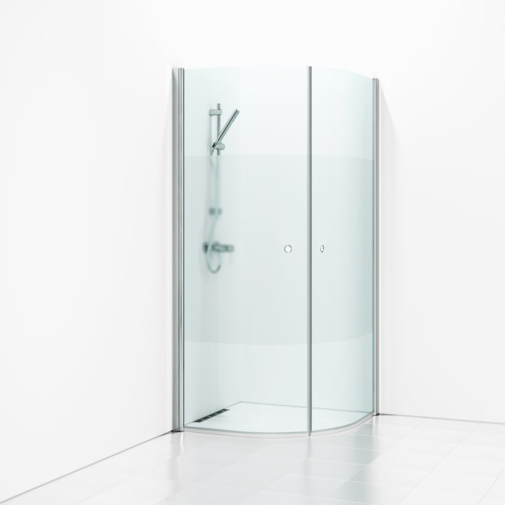 Svedbergs Skoga brusehjørne, 89x89 cm, frostet glas, blank aluminium profil