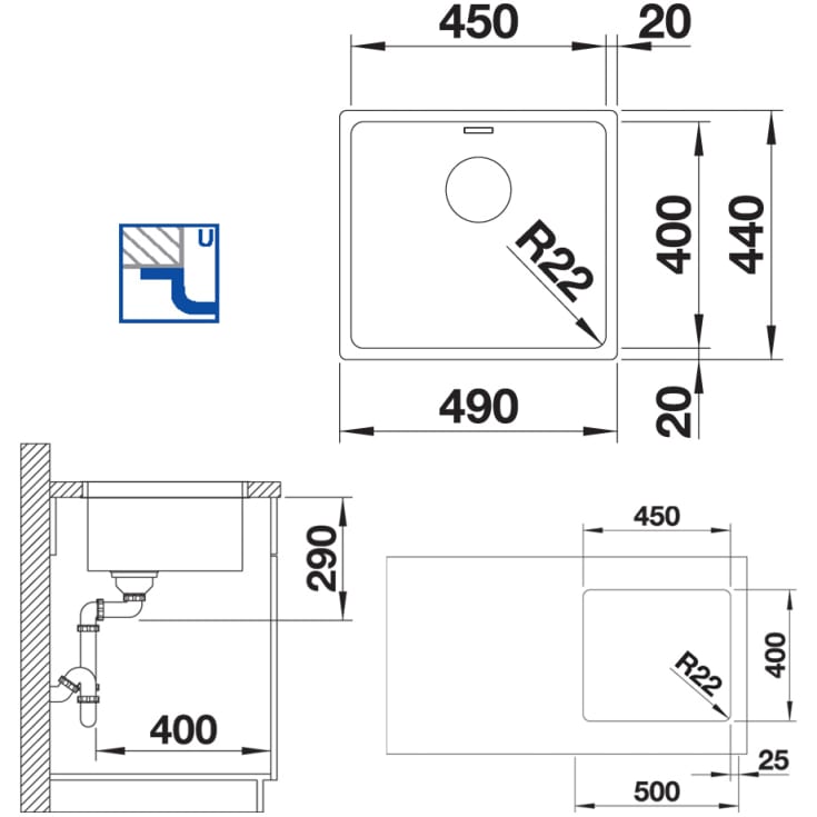 Blanco Andano 450-U kjøkkenvask, 49x44 cm, rustfritt stål