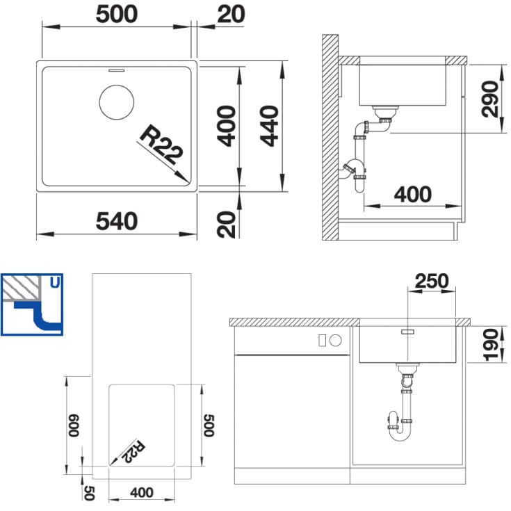 Blanco Andano 500-U UXI kjøkkenvask, 54x44 cm, rustfritt stål