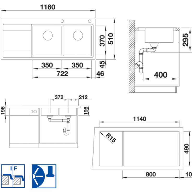 Divon II køkkenvask, 116x51 cm, rusfrit stål