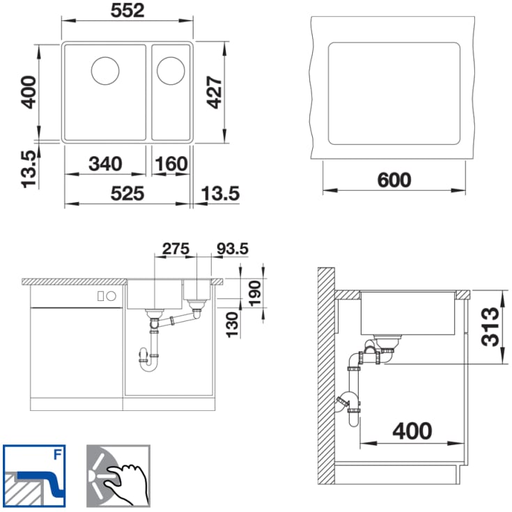 BLANCO SUBLINE 340/160-F UXI køkkenvask 55,2x42,7 SILGRANIT®