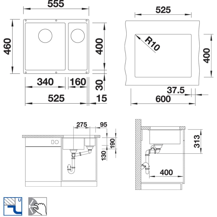 Blanco Subline 340/160-U køkkenvask, 55,5x46 cm, antracit