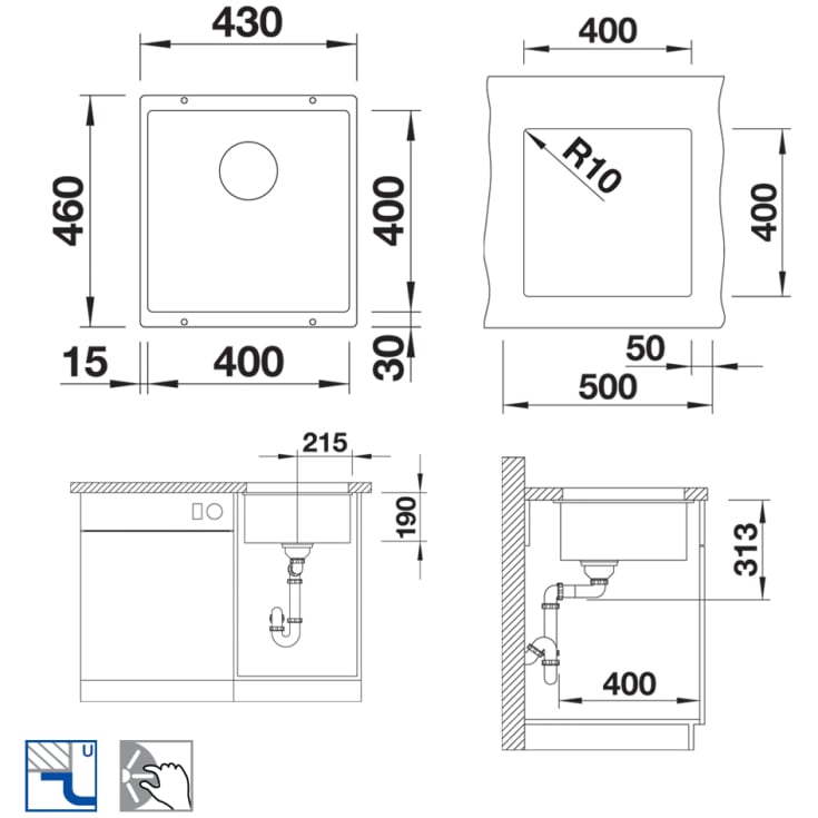 Blanco Subline 400-U UXI køkkenvask, 43x46 cm, sort