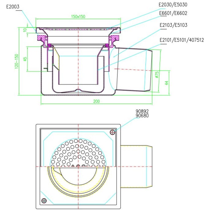 Aco afløbsskål, til beton og flisegulv, Ø75 mm