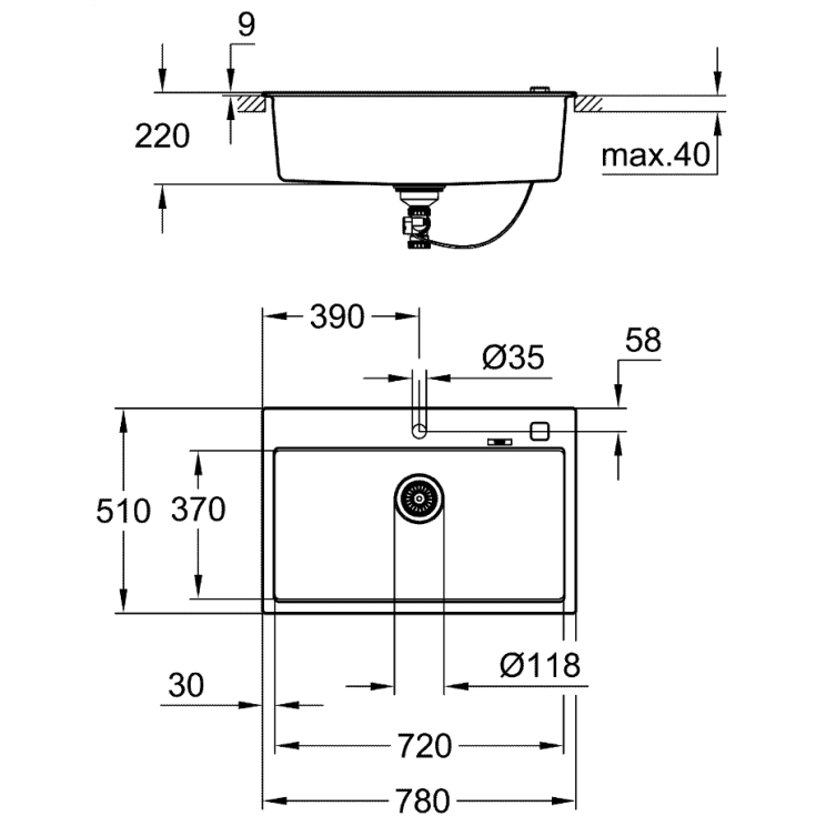 Grohe K700 diskbänk, 78x51, svart