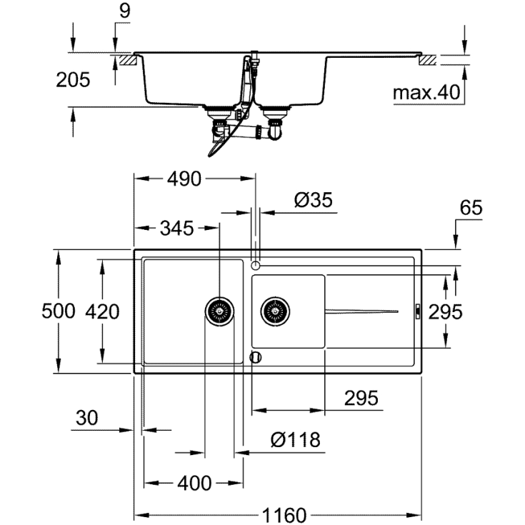 Grohe K400 kjøkkenvask, 116x50 cm, sort