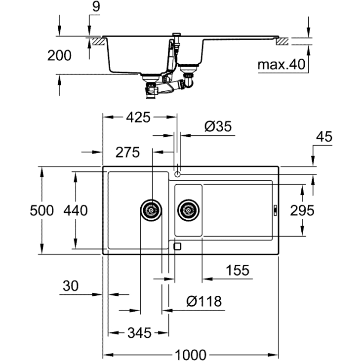 Grohe K500 kjøkkenvask, 100x50 cm, sort