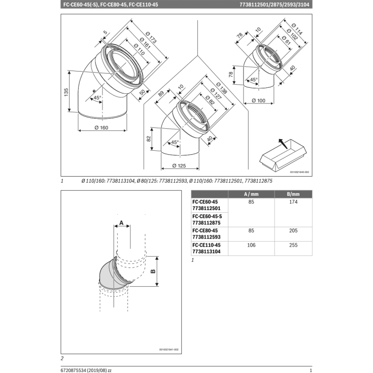 Bosch  80/125 45°  mm balanceret aftræksbøjning