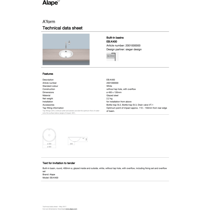 Alape K-Series håndvask, Ø40 cm, hvid
