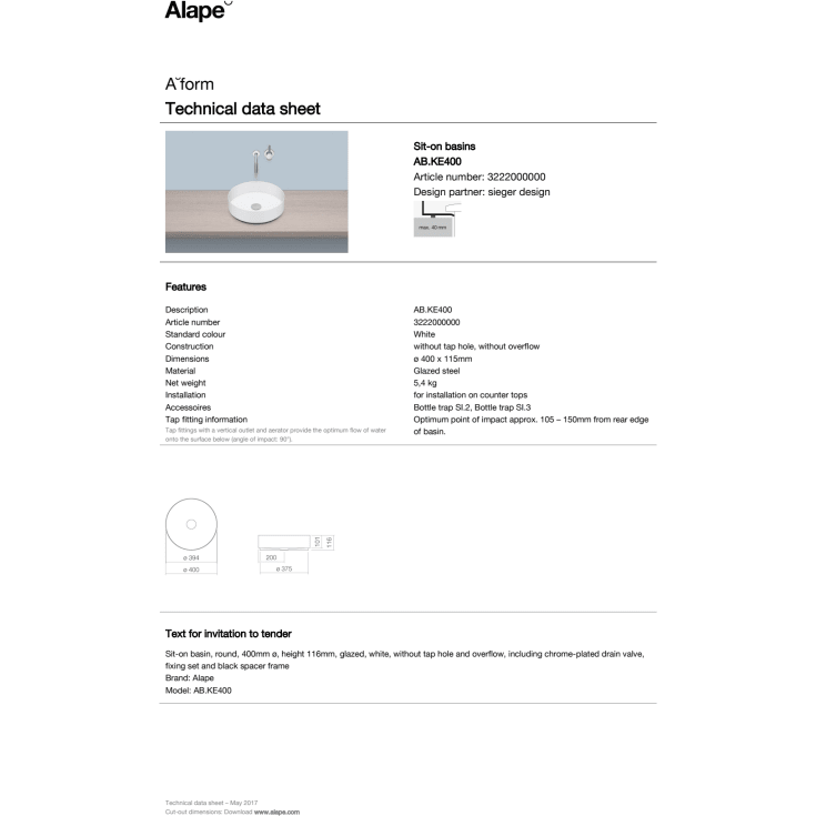 Alape Unisono håndvask, Ø40 cm, hvid