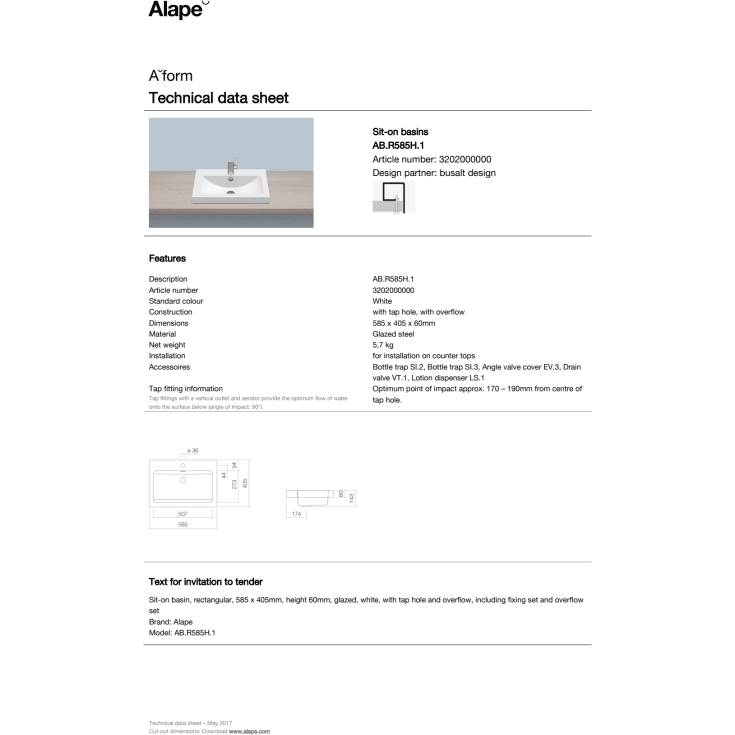 Alape R-Serie håndvask, 58,5x40,5 cm, hvid