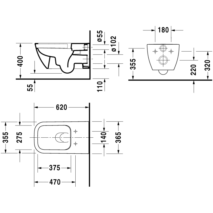 Duravit D-Code væghængt toilet, uden skyllekant, antibakteriel, hvid