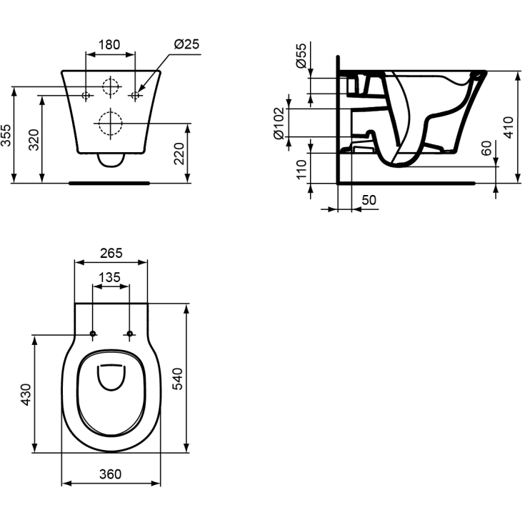 Ideal Standard Connect Air væghængt toilet, uden skyllekant, hvid