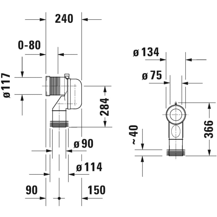 Duravit Vario klosettilslutning, Ø117/90 mm