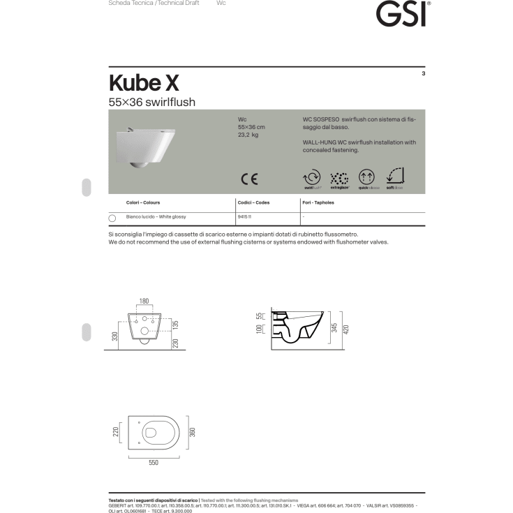 GSI Kube X vegghengt toalett, uten skyllekant, rengjøringsvennlig, hvit