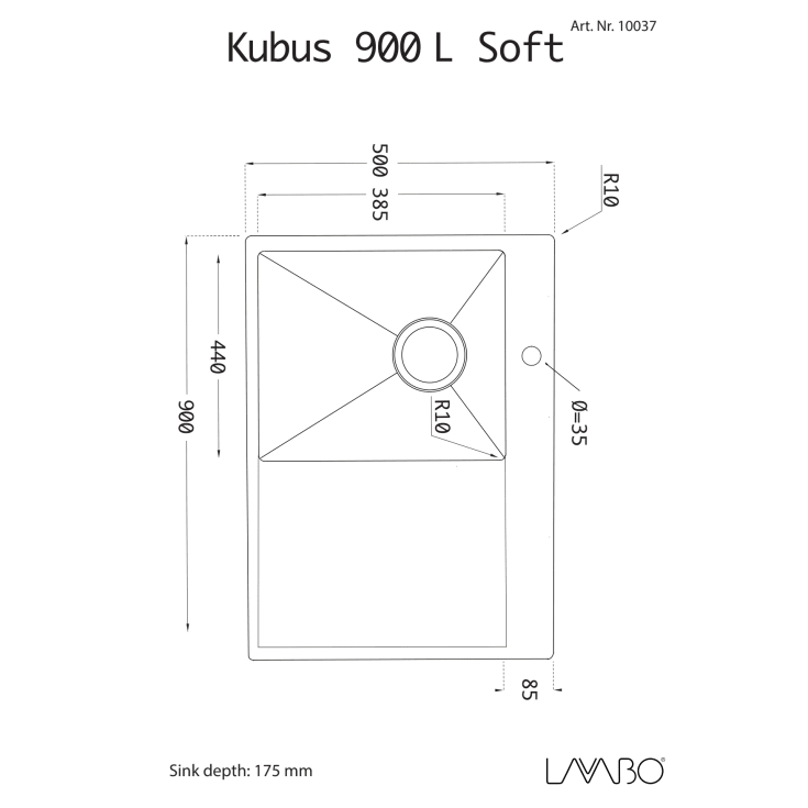 Lavabo Kubus 900L Soft diskbänk, 90x50 cm, rostfritt stål