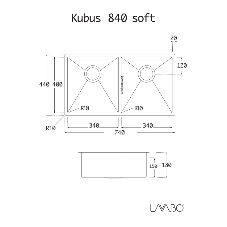 Lavabo Kubus 840 soft køkkenvask, 74x44 cm, rustfrit stål