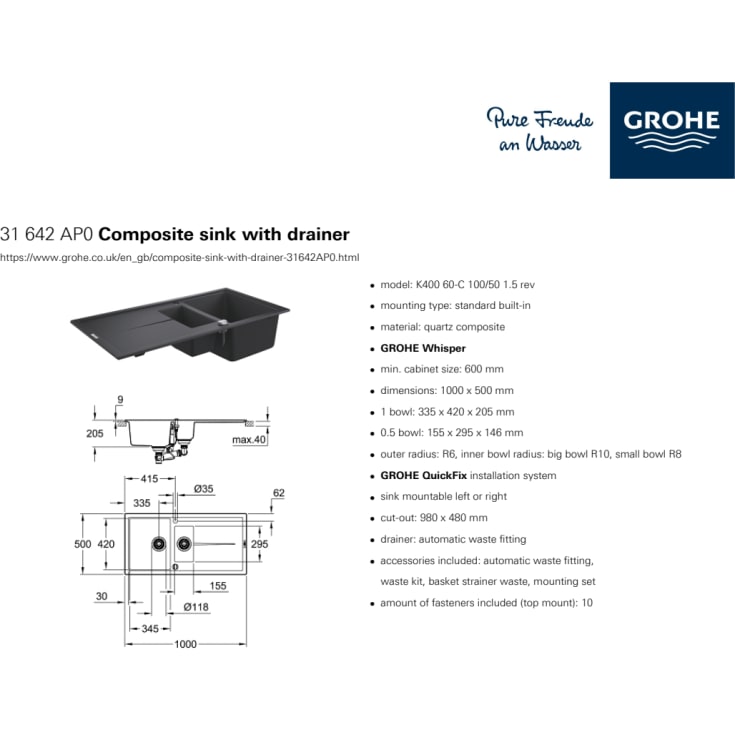 Grohe K400, kjøkkenvask, 100x50 cm, sort