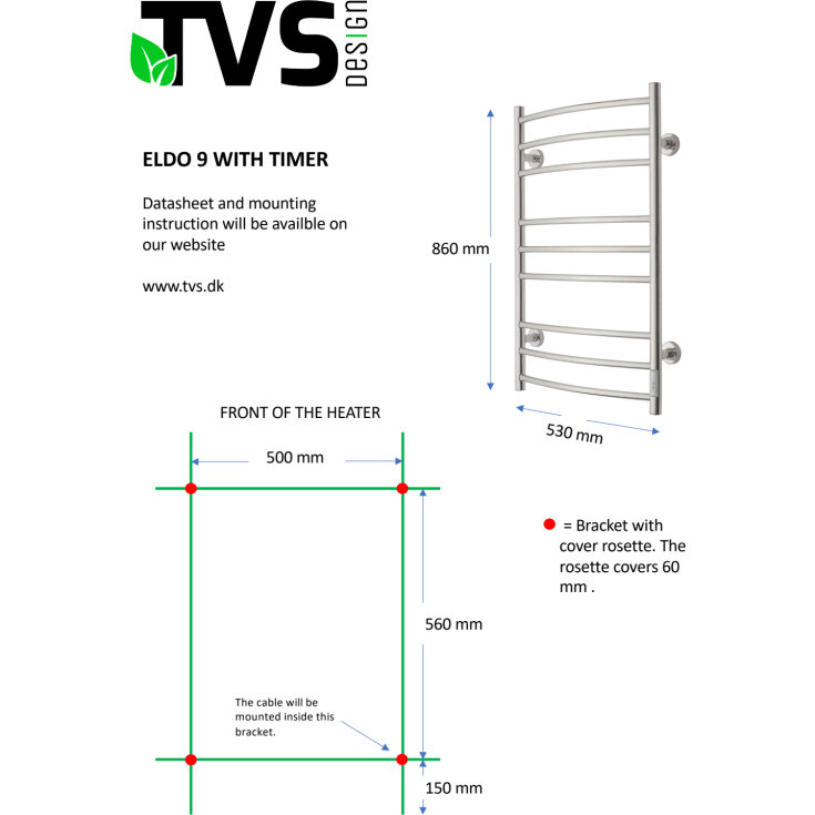 TVS Eldo 9 håndkletørker, el, 53x86 cm, sort