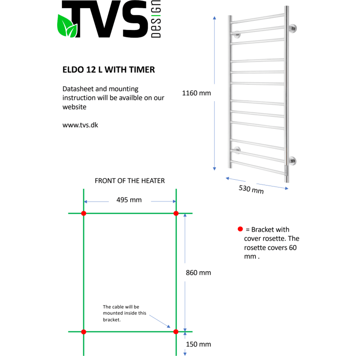 TVS Eldo 12 L håndklædetørrer, el, 53x116 cm, sort