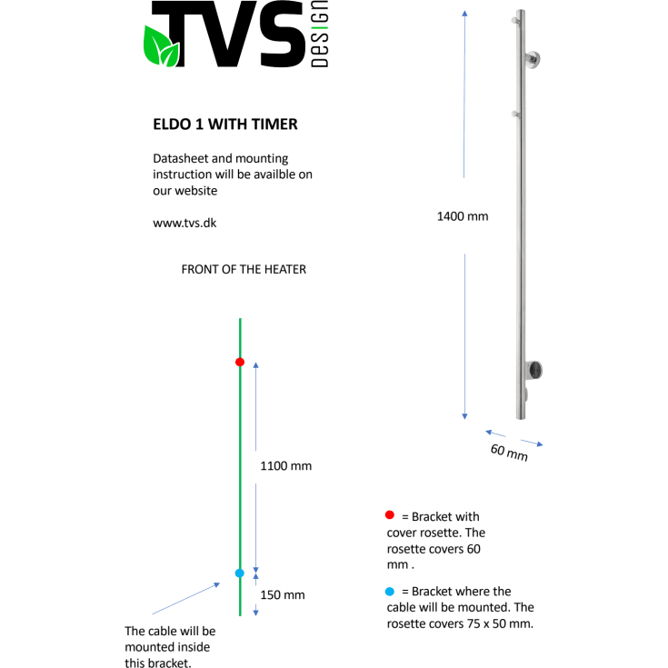TVS Eldo 1 håndklædetørrer, el, 6x140 cm, poleret rustfrit stål