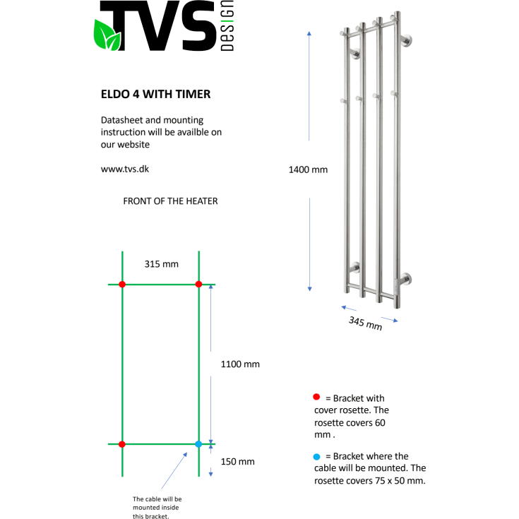 TVS Eldo 4 håndkletørker, el, 140x34,5 cm, sort