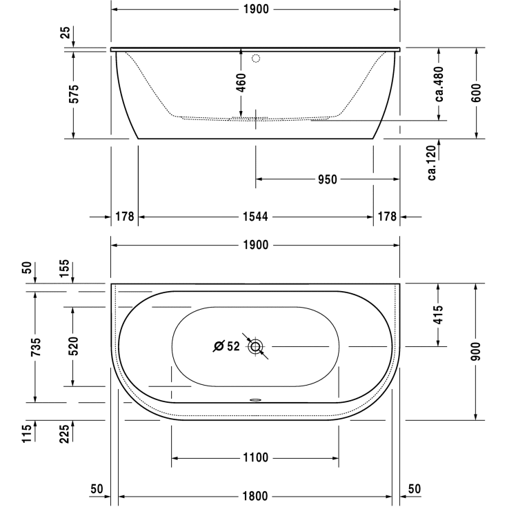 Duravit Darling New badekar, med panel, 190x90 cm, hvit