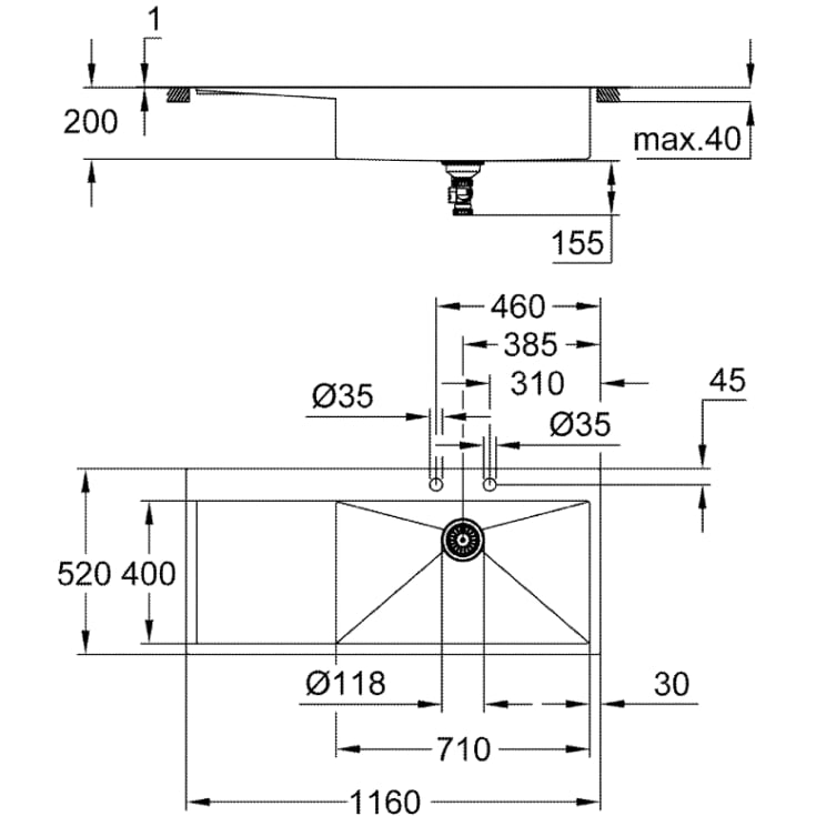 Grohe K1000 køkkenvask, 116x52 cm, rustfrit stål