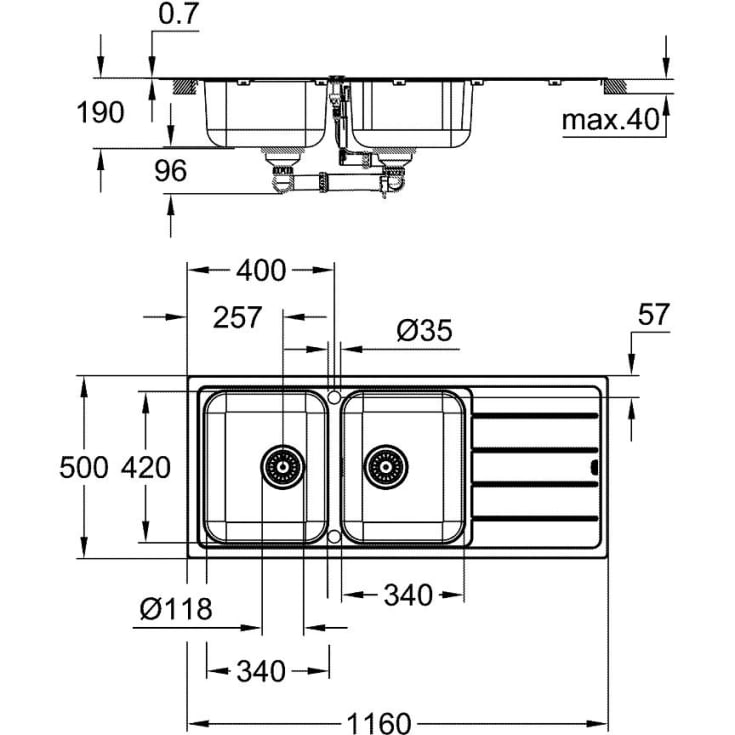 Grohe K500 kjøkkenvask, 116x50 cm, rustfritt stål
