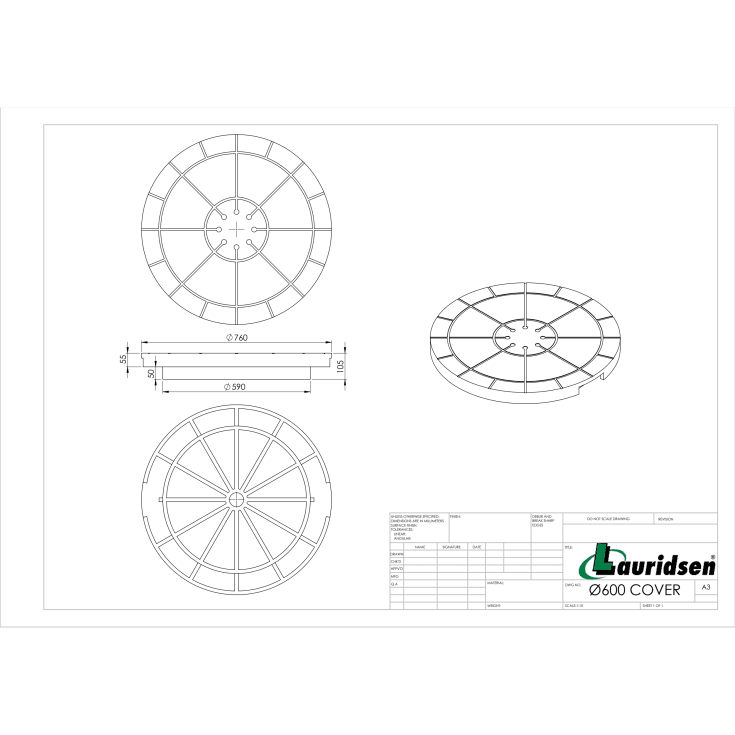 Lauridsen brønddæksel til 600mm kegle, plast, Ø760 mm