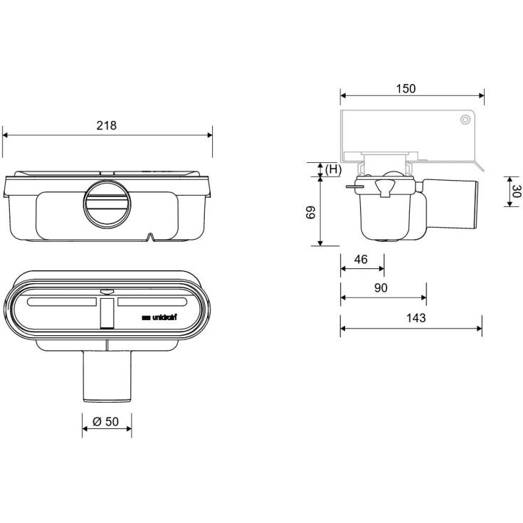 Unidrain udløbshus, lav byggehøjde, Ø50 mm