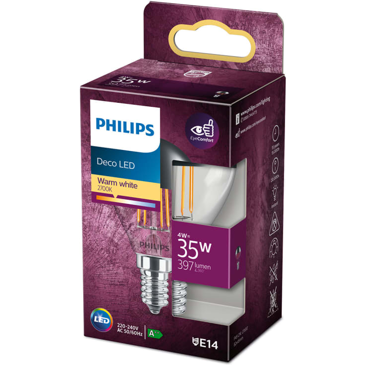 Philips Classic E14 klotlampa, toppförsegling, 2700K, 4W