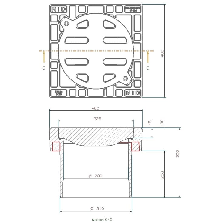 NID 315 mm karm/rist u/lås, firk., fast, 12,5 t, komposit, lang