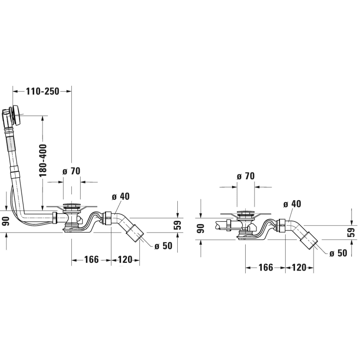 Duravit Quadroval av- og overløpssett, 53 cm, krom