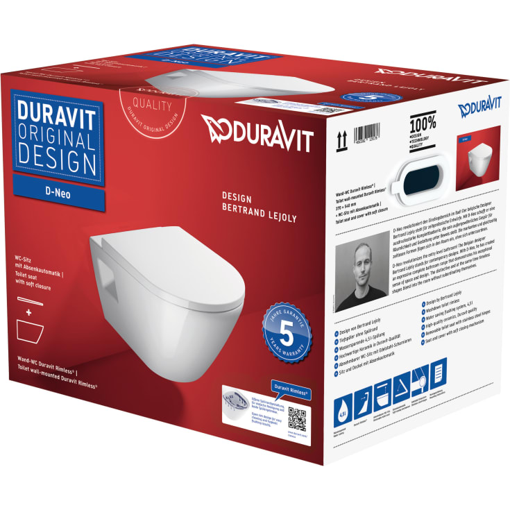 Duravit D-Neo væghængt toilet, uden skyllekant, hvid
