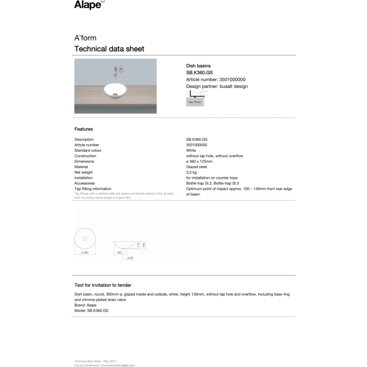 Alape håndvask, Ø36 cm, hvid