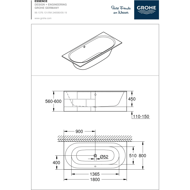 Grohe Essence bensett, innebygde badekar